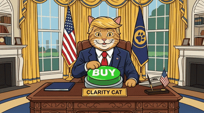 Clarity Cat presses a green BUY button and money rains down