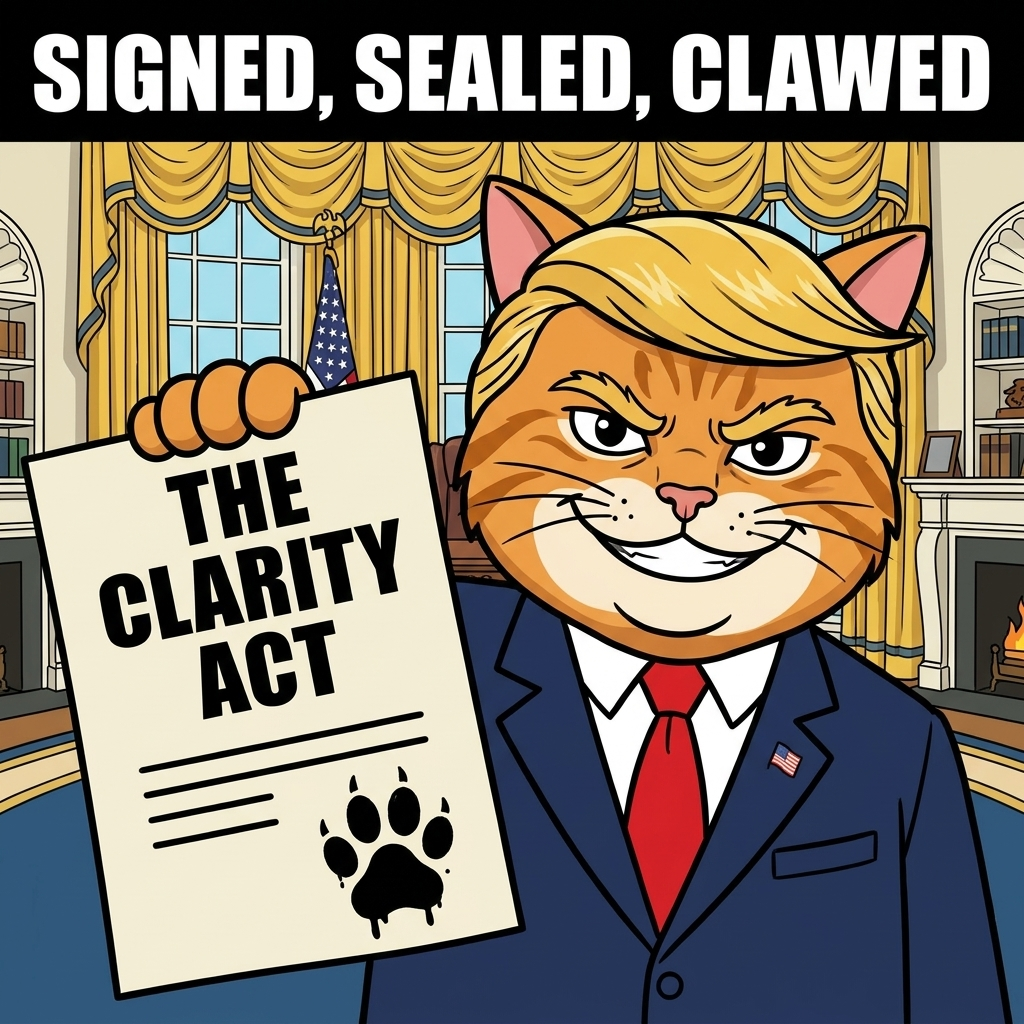Cat holds the signed Clarity Act