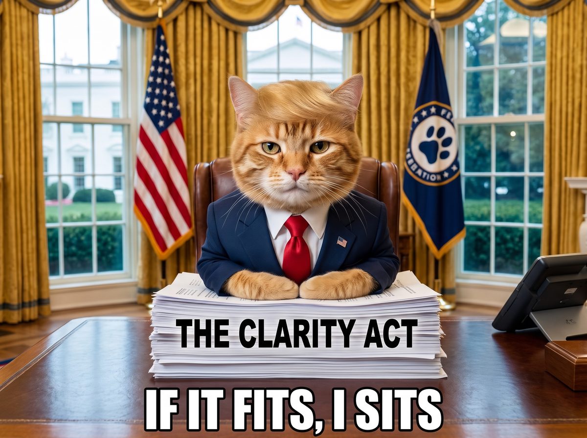 Clarity Cat sitting on a stack of papers labelled The Clarity Act