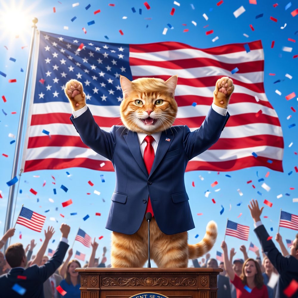 Cat president at a victory rally